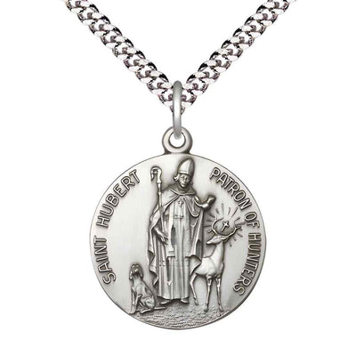 St. Hubert of Liege sterling silver round medal pendant on rhodium-plated curb chain, front view with 'Saint Hubert Patron of Hunters' inscription