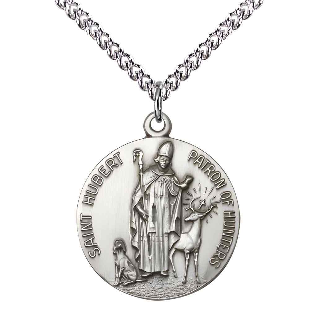 St. Hubert of Liege sterling silver round medal pendant on sterling silver chain, front view