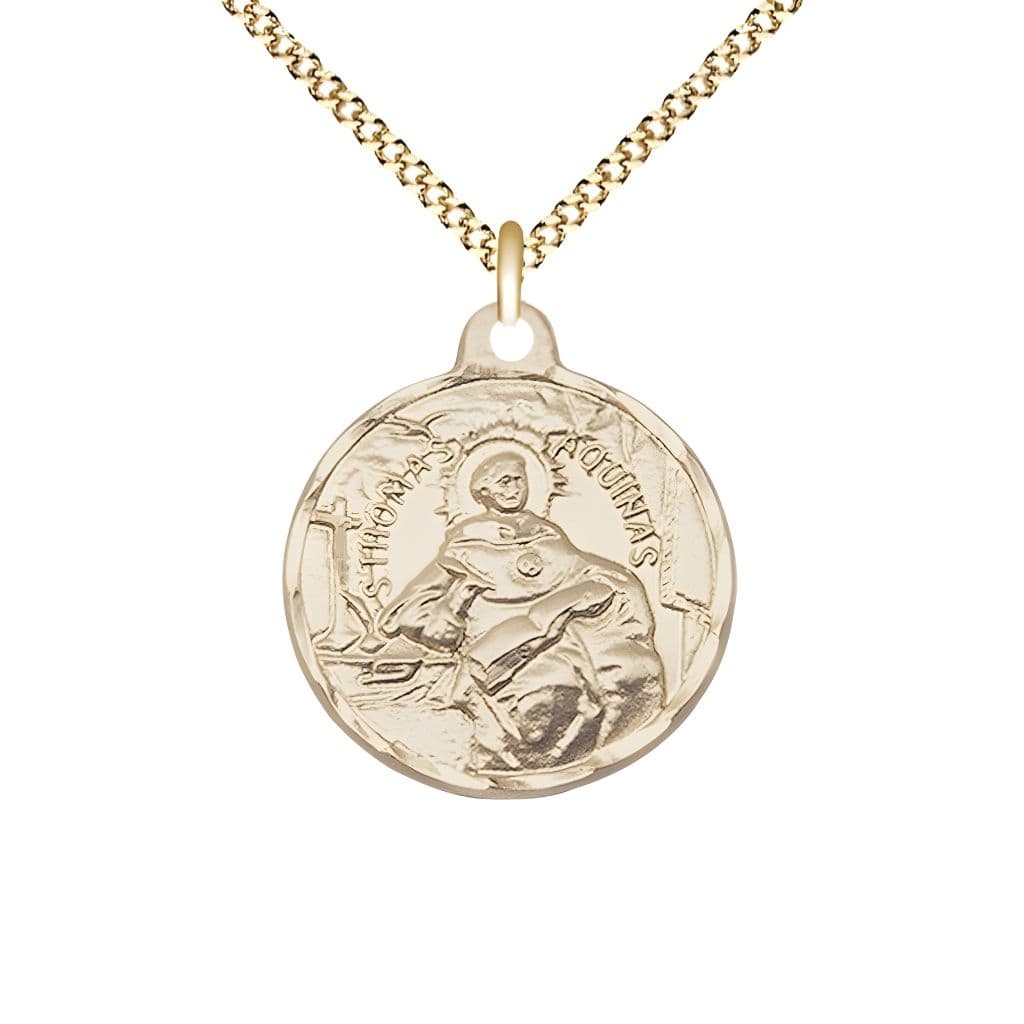 Bliss St. Thomas Aquinas 14kt Gold-filled Round Medal Pendant with Gold-plated Chain, Measures 3/4-inch tall by 7/8-inch wide.