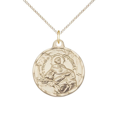 St. Thomas Aquinas 14kt Gold Round Medal Pendant with 14kt Gold Chain, Measures 3/4-inch tall by 7/8-inch wide, Bliss Manufacturing