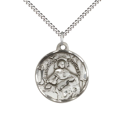 St. Thomas Aquinas Sterling Silver Round Medal Pendant with Rhodium-plated Chain, Measures 3/4-inch tall by 7/8-inch wide, Bliss Manufacturing