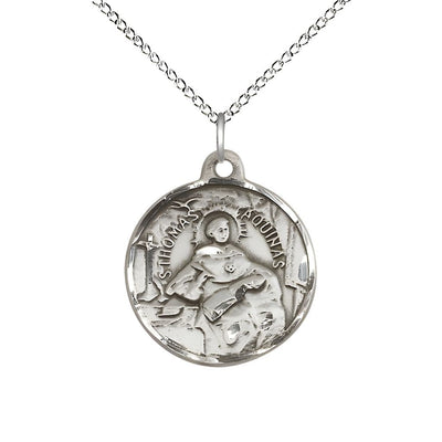 St. Thomas Aquinas Sterling Silver Round Medal Pendant with Sterling Chain, Measures 3/4-inch tall by 7/8-inch wide, Bliss Manufacturing