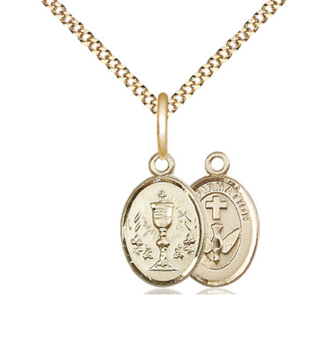 Bliss Two Sided 14kt Gold Filled Chalice / Confirmation Medal Small Pendant on a Gold Plated Light Curb Chain,