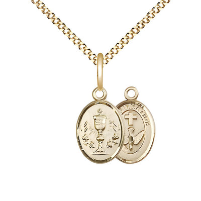 Two Sided 14kt Gold Filled Chalice / Confirmation Medal Small Pendant on a Gold Plated Light Curb Chain, Medal Measures 1/2-inch tall by 1/4 - inch wide, Bliss Manufacturing