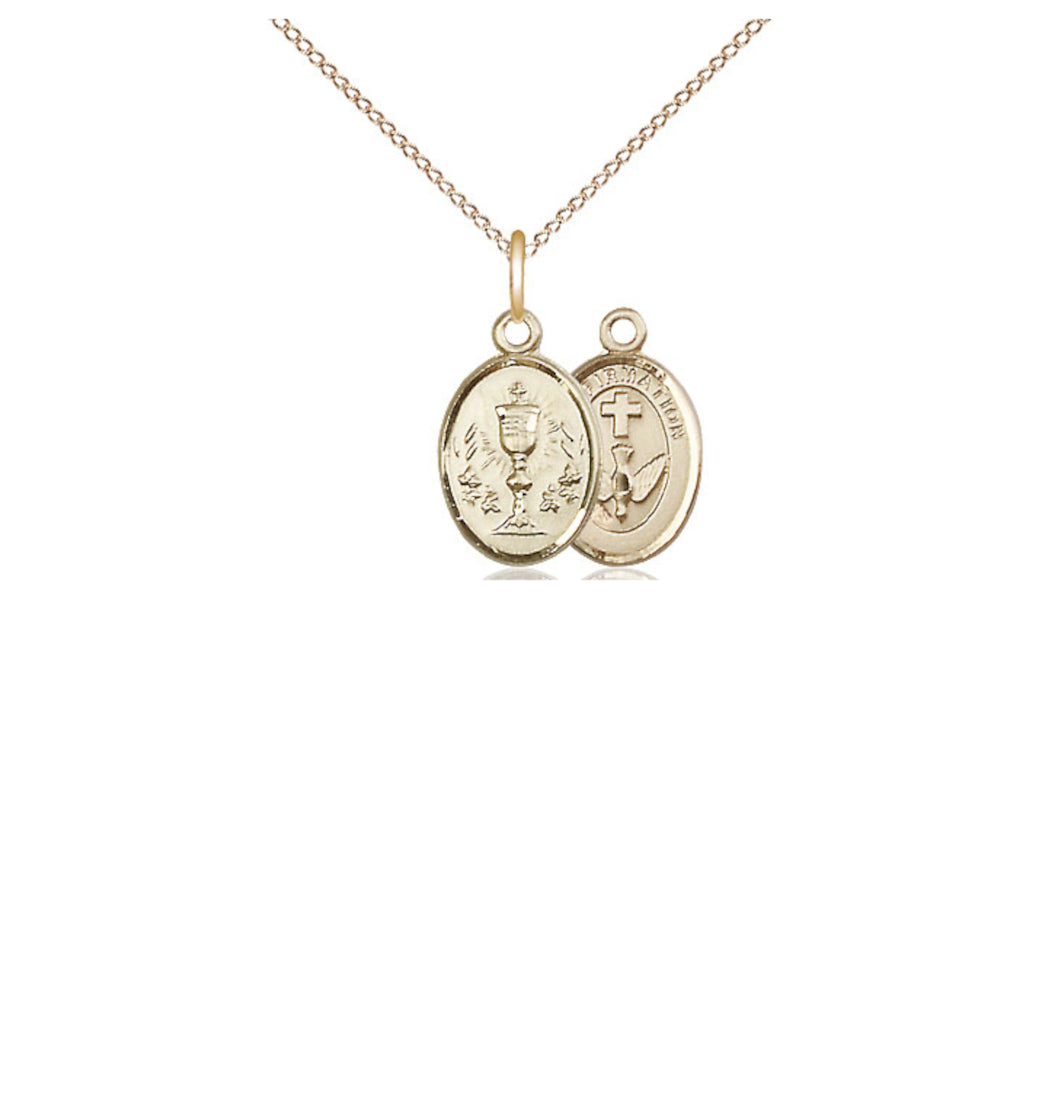 Bliss Charm Two Sided 14kt Gold Chalice / Confirmation Medal Pendant on a 14kt Gold Light Curb Chain,