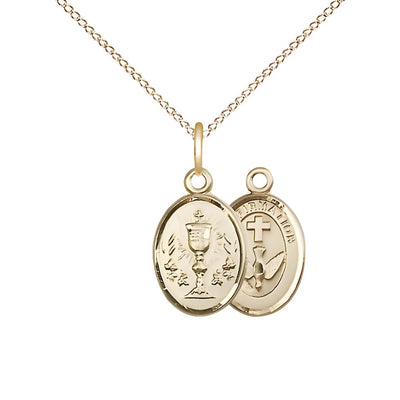 Charm Two Sided 14kt Gold Chalice / Confirmation Medal Pendant on a 14kt Gold Light Curb Chain, Medal Measures 1/2-inch tall by 1/4 - inch wide, Bliss Manufacturing