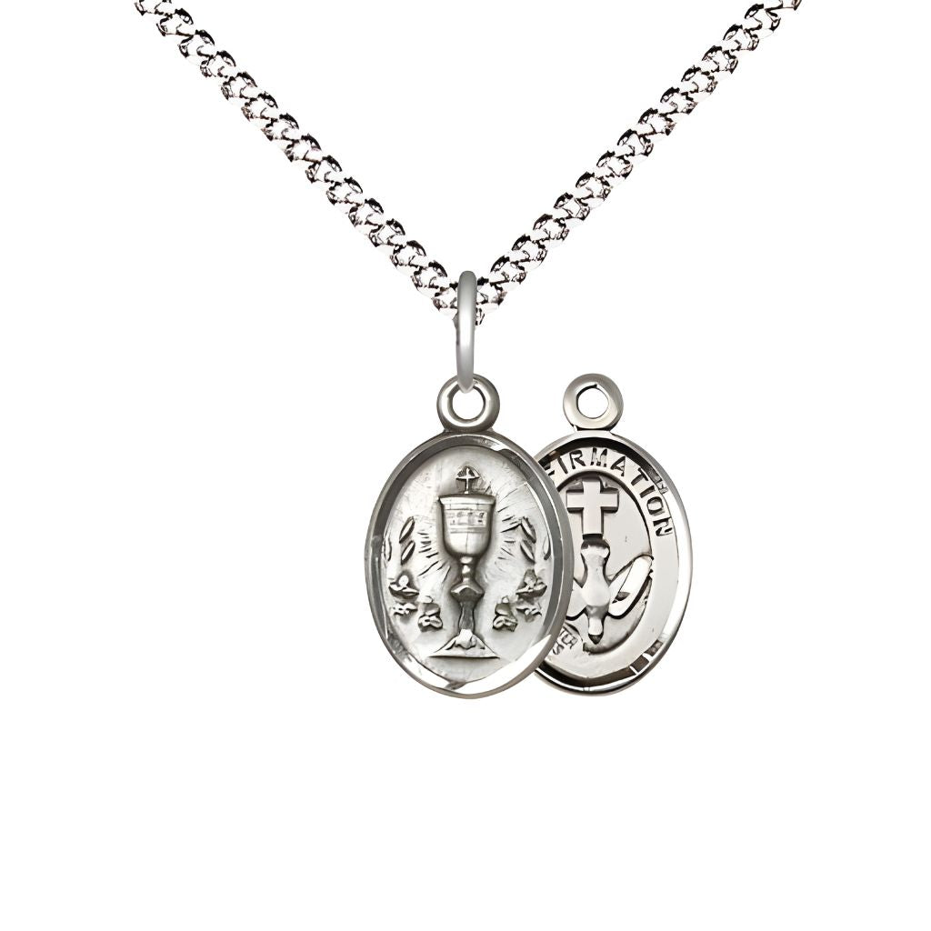 Bliss Two Sided Pewter Chalice / Confirmation Medal Pendant on a Light Rhodium Plated Light Curb Chain, Medal Measures 1/2-inch tall by 1/4 - inch wide