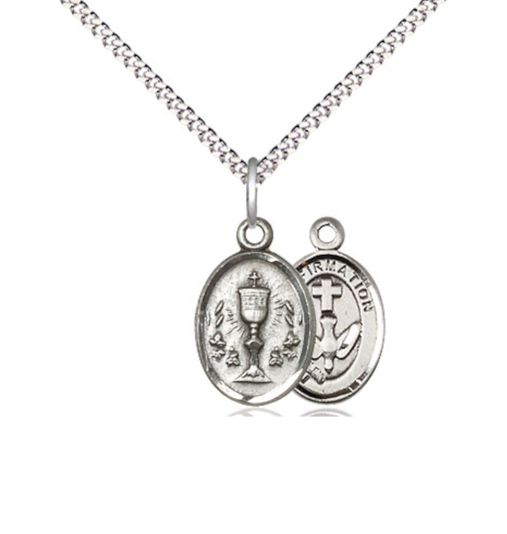 Bliss Two Sided Pewter Chalice / Confirmation Medal Pendant on a Light Rhodium Plated Light Curb Chain,