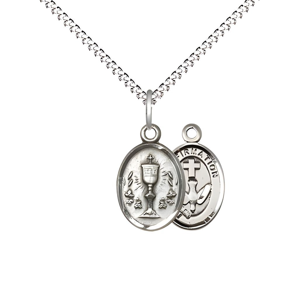 Bliss Manufacturing Two Sided Sterling Silver Chalice / Confirmation Medal Pendant on a Plated Curb Chain, Medal Measures 1/2-inch tall by 1/4 - inch wide