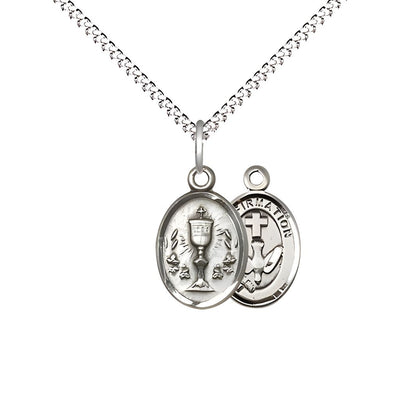 Two Sided Sterling Silver Chalice / Confirmation Medal Pendant on a Plated Curb Chain, Medal Measures 1/2-inch tall by 1/4 - inch wide, Bliss Manufacturing