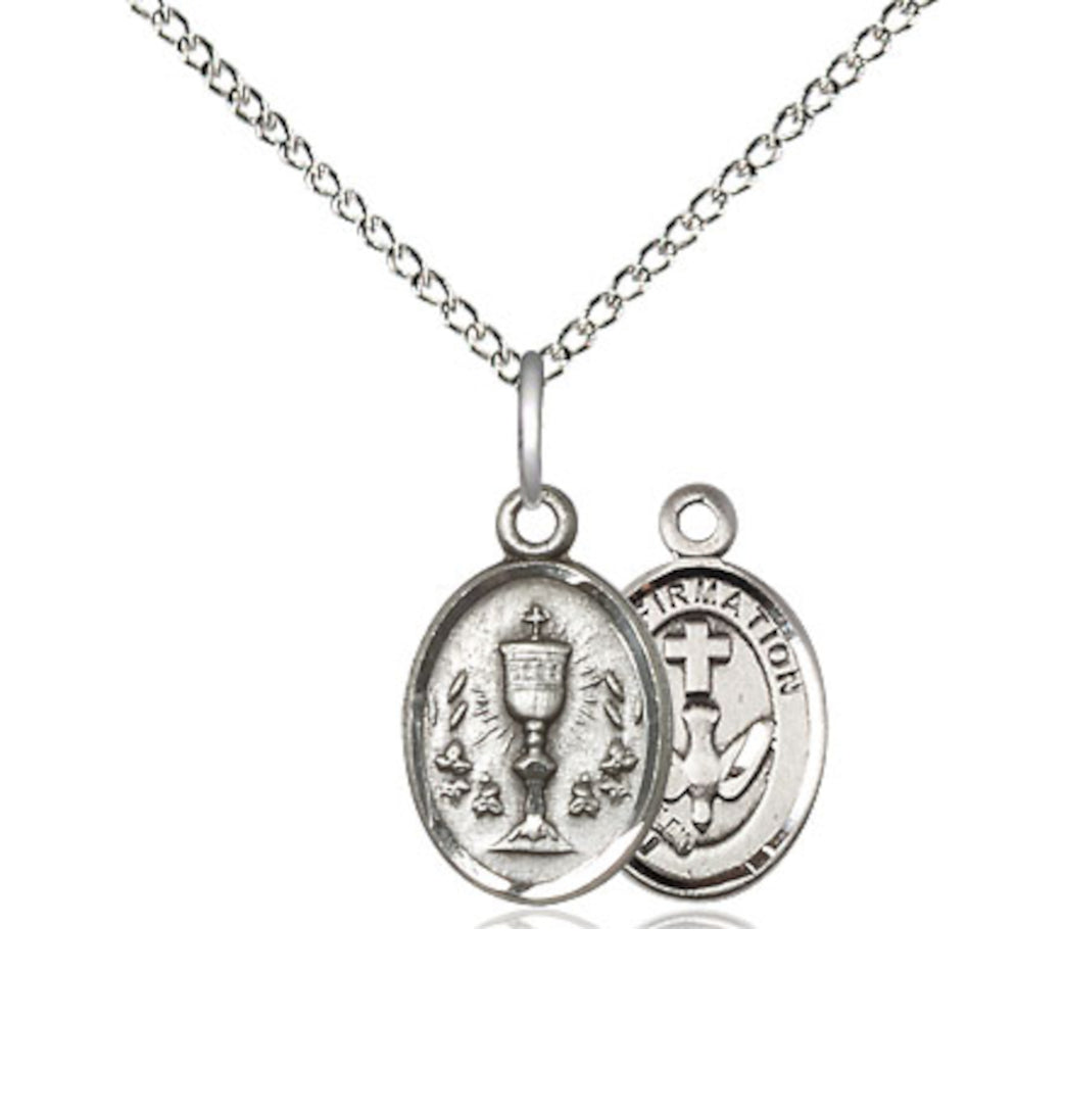 Bliss Manufacturing Two Sided Sterling Silver Chalice / Confirmation Medal Pendant on a 20 inch Sterling Silver Light Curb Chain,