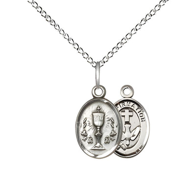 Two Sided Sterling Silver Chalice / Confirmation Medal Pendant on a Sterling Silver Light Curb Chain, Medal Measures 1/2-inch tall by 1/4 - inch wide, Bliss Manufacturing
