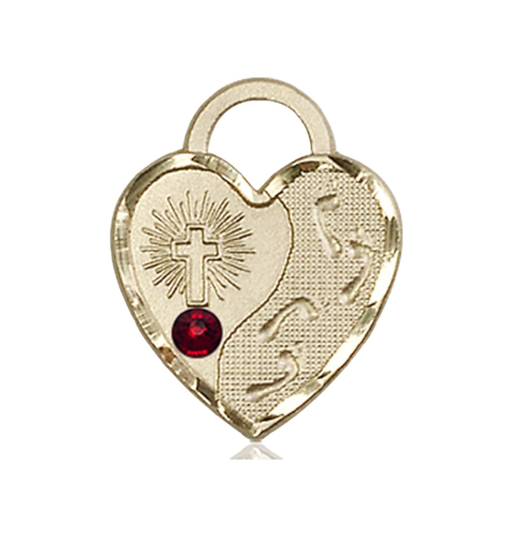 Garnet Birthstone 14kt Gold Footprints Heart Pendant w/Austrian Crystal