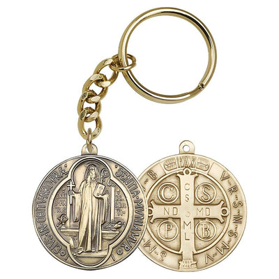 Round St Benedict Gold Tone Key Chain, Made in USA, Bliss Manufacturing