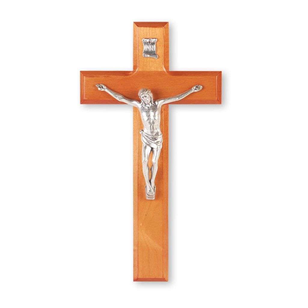 10" Deluxe Furniture Grade Solid Wood Crucifix in a lacquered Natural Cherry finish, Pewter Corpus/ Christ Figure Hand Cast and Polished by New England Craftsman