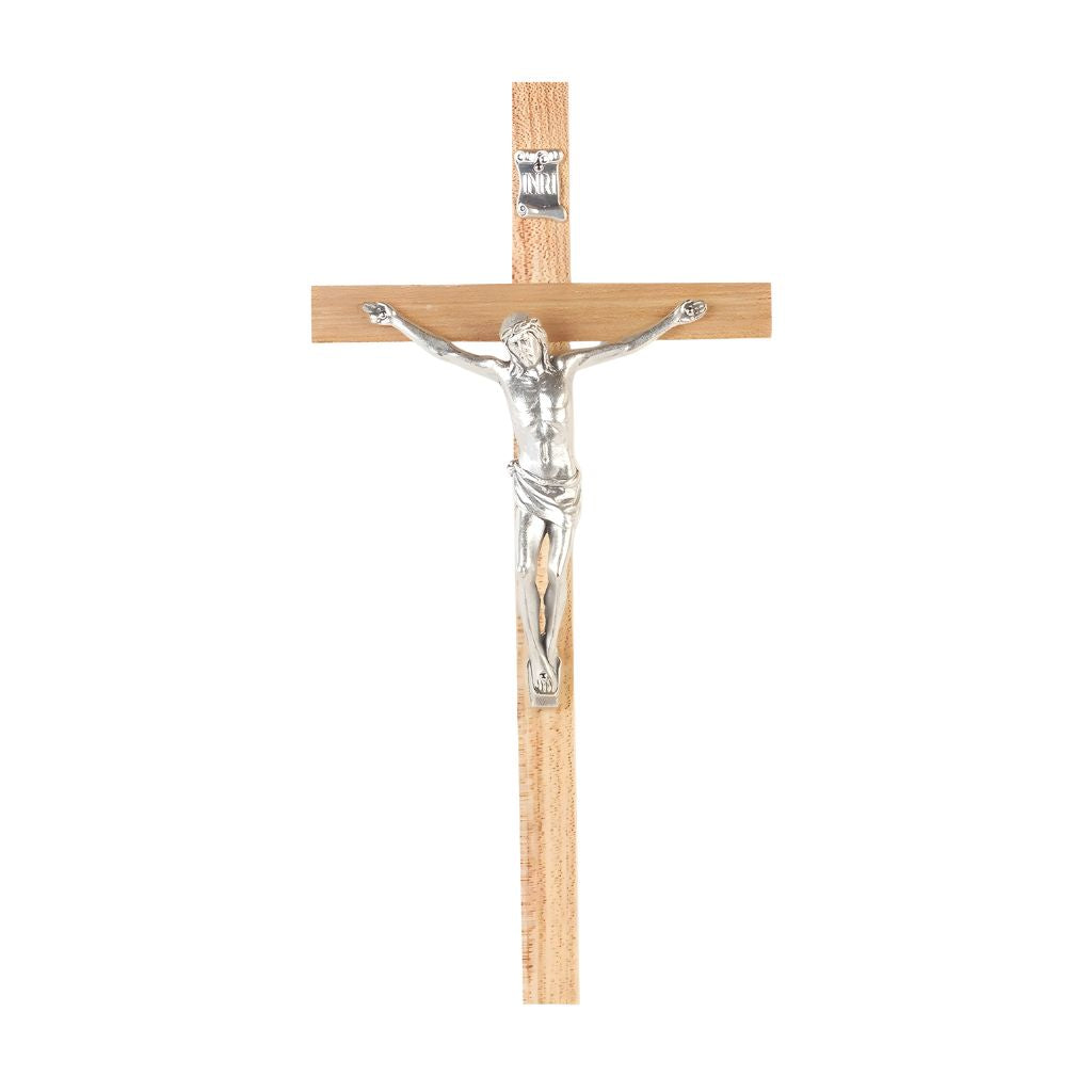 Hirten handcrafted 10-inch wall crucifix featuring solid oak wood with lacquered natural finish and genuine hand-cast pewter corpus by New England artisans.