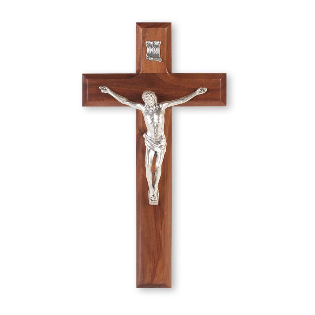 Hirten 10-inch wall crucifix featuring walnut wood with lacquered natural finish and hand-cast pewter corpus by New England artisans.