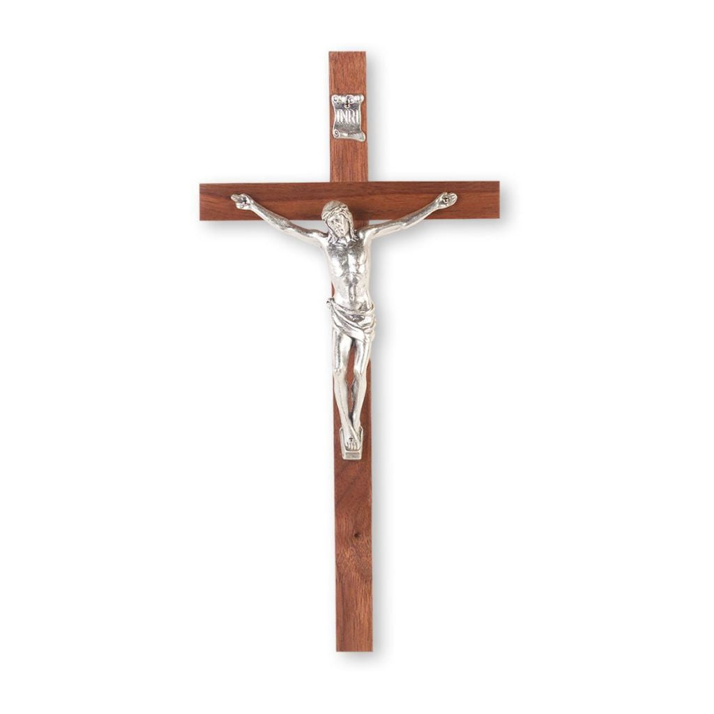 Hirten 10-inch wall crucifix featuring solid walnut wood with lacquered natural finish and genuine hand-cast pewter corpus by New England artisans.