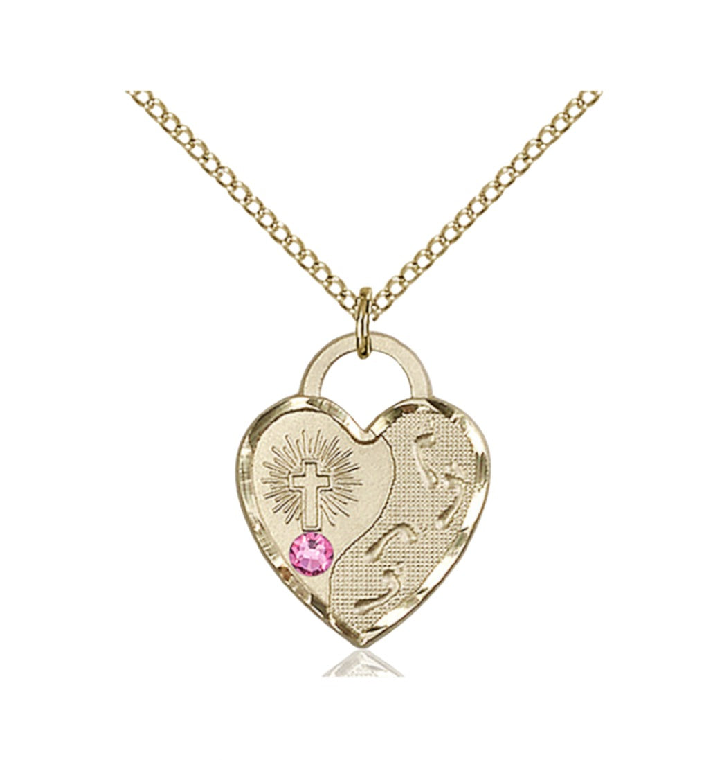 Rose Birthstone Gold-filled Footprints Heart Pendant w/Austrian Crystal