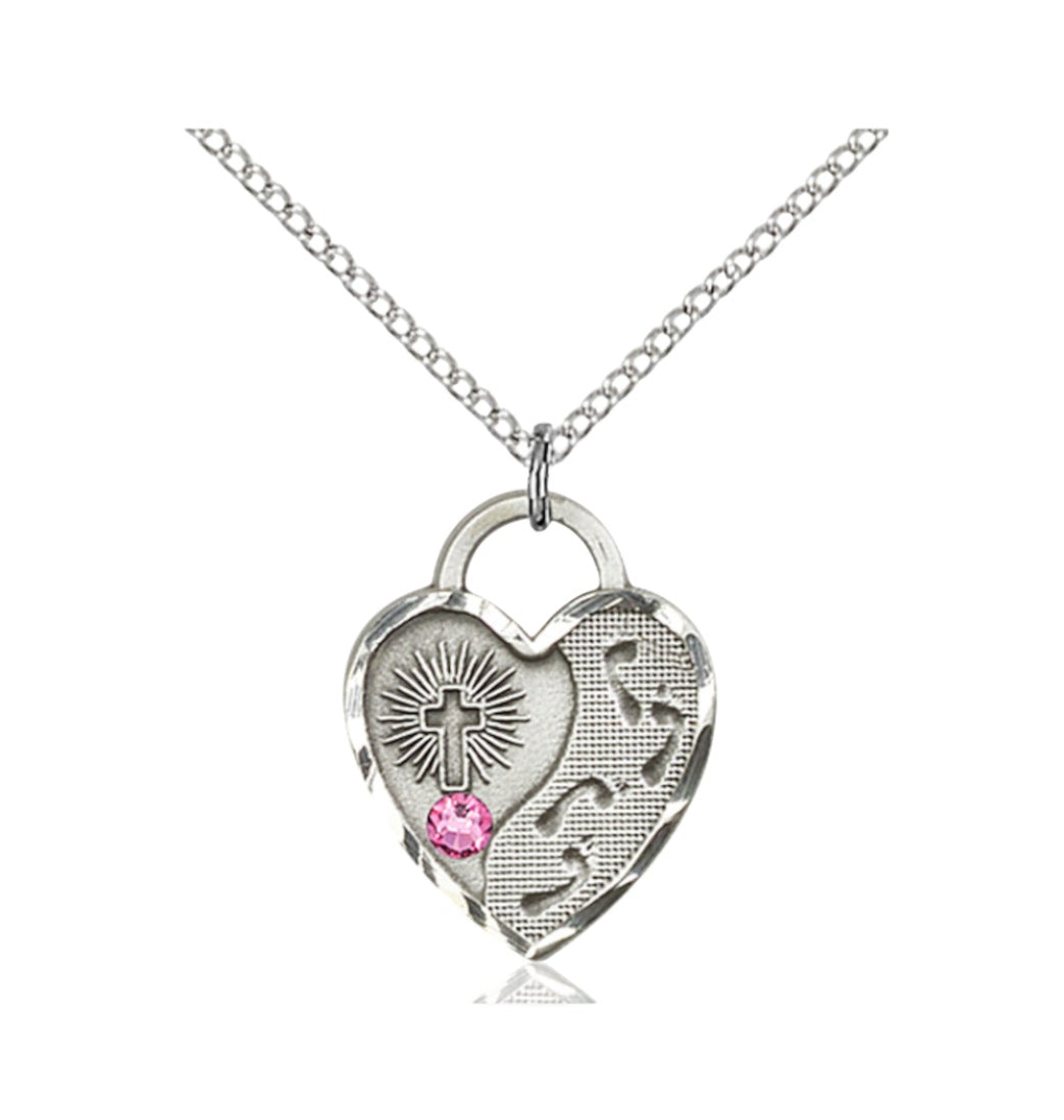 Oct Rose  Birthstone Sterling Silver Footprints Heart Pendant w/Austrian Crystal