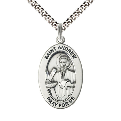 St. Andrew the Apostle Pewter Oval Necklace with 24 inch Rhodium-Plated Chain, Medal Measures 1-inch tall by 5/8-inch wide, Bliss Manufacturing