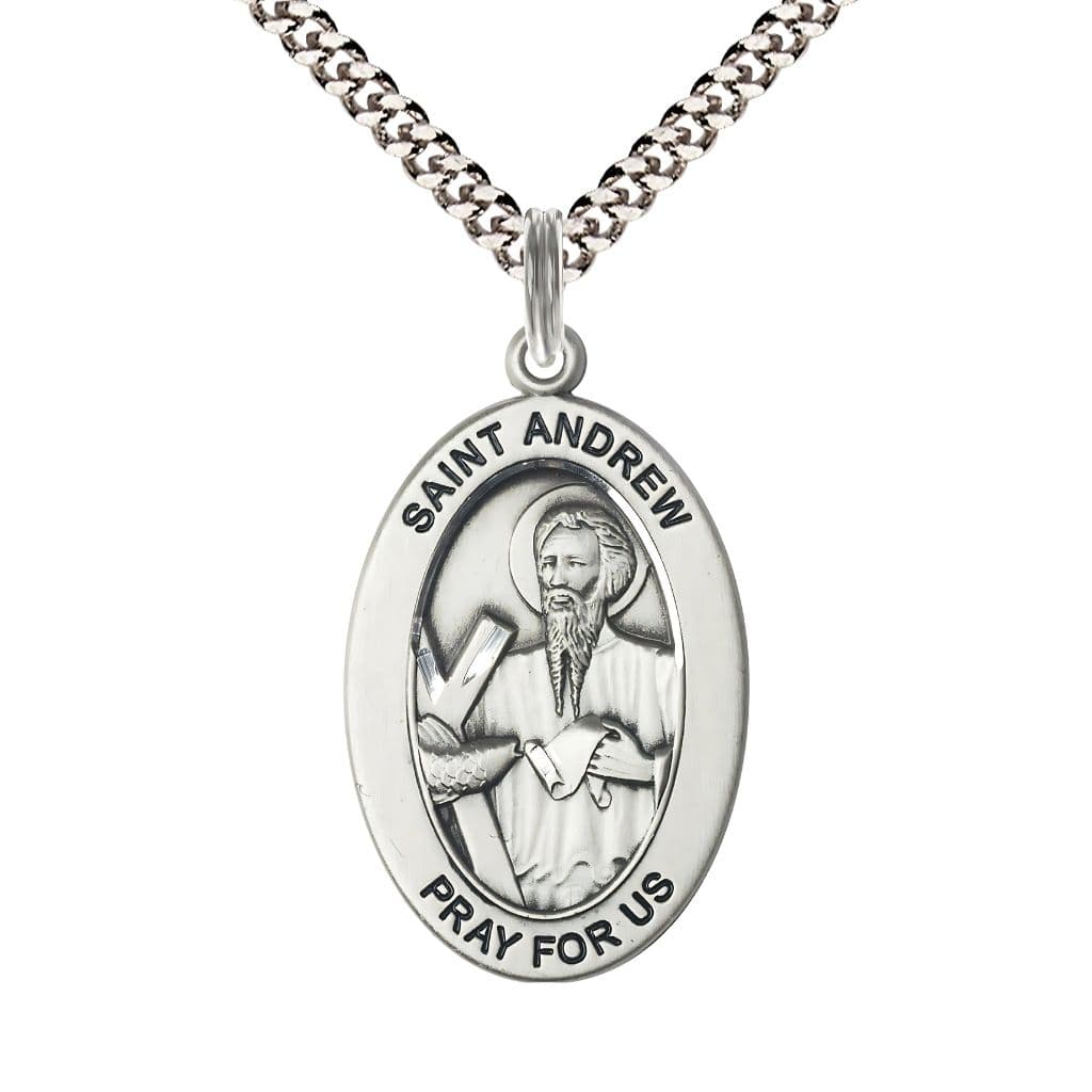 Bliss St. Andrew the Apostle Sterling Silver Oval Necklace with 24 inch Rhodium-Plated Chain, Medal Measures 1-inch tall by 5/8-inch wide.