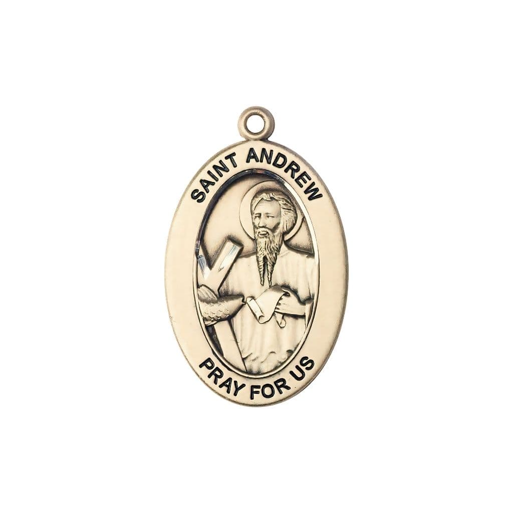 Bliss St. Andrew the Apostle 14kt Gold Oval Pendant, Medal Measures 1-inch tall by 5/8-inch wide.