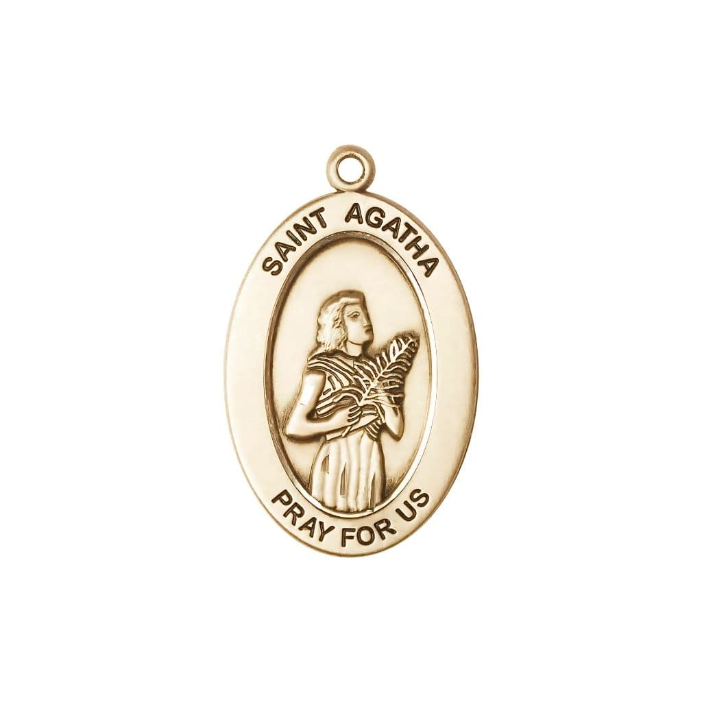 Bliss St. Agatha 14kt Gold Oval Pendant, Medal Measures 1-inch tall by 5/8-inch wide.
