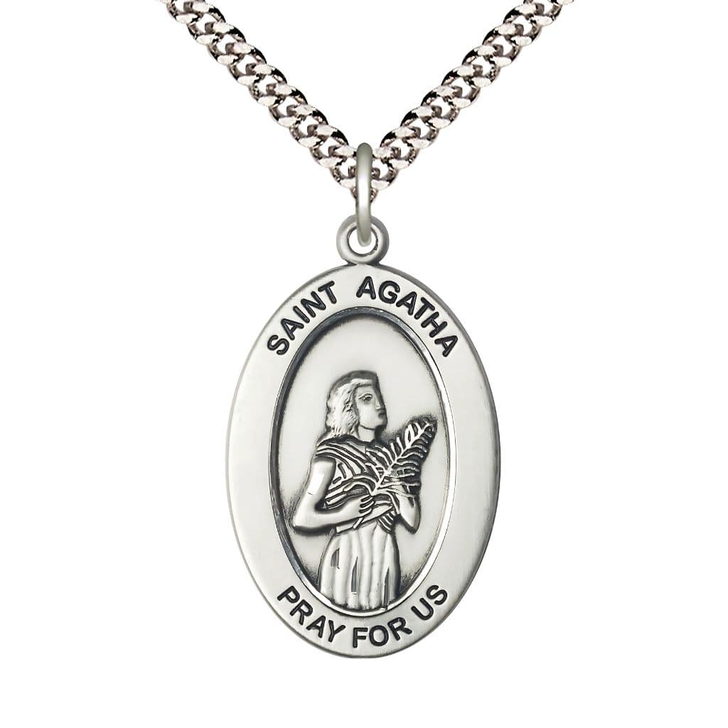 Bliss St. Agatha Sterling Silver Oval Necklace with 24 inch Rhodium-Plated Chain, Medal Measures 1-inch tall by 5/8-inch wide.