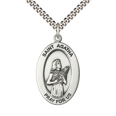 St. Agatha Sterling Silver Oval Necklace with 24 inch Rhodium-Plated Chain, Medal Measures 1-inch tall by 5/8-inch wide, Bliss Manufacturing