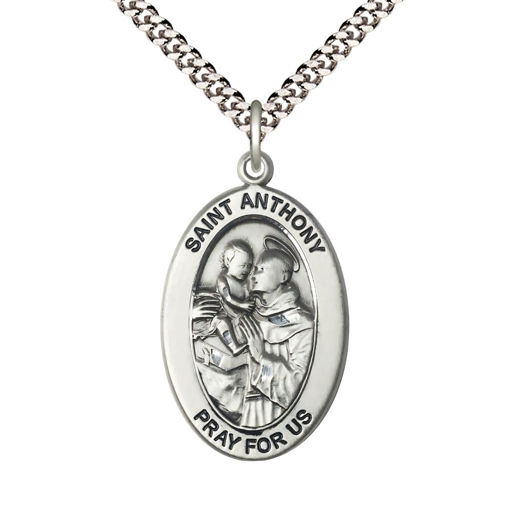 Bliss St. Anthony of Padua Sterling Silver Oval Necklace with 24 inch Rhodium-Plated Chain, Medal Measures 1-inch tall by 5/8-inch wide.
