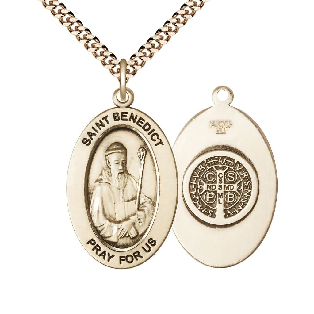 Bliss St. Benedict 14kt Gold-filled Oval Necklace with 24 inch Gold-Plated Chain, Medal Measures 1-inch tall by 5/8-inch wide.