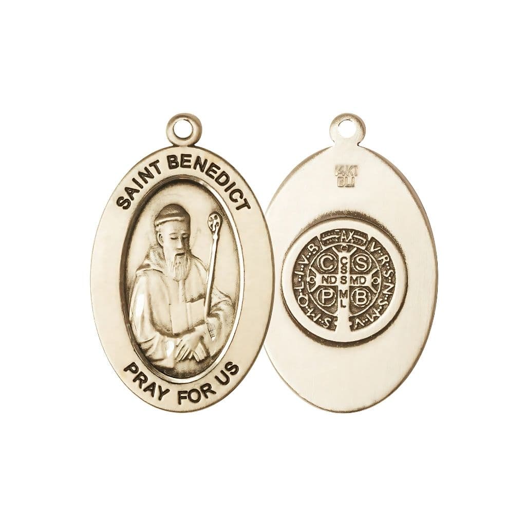 Bliss St. Benedict 14kt Gold Oval Pendant, Medal Measures 1-inch tall by 5/8-inch wide.