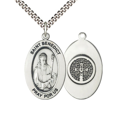 St. Benedict Pewter Oval Necklace with 24 inch Rhodium-Plated Chain, Medal Measures 1-inch tall by 5/8-inch wide, Bliss Manufacturing