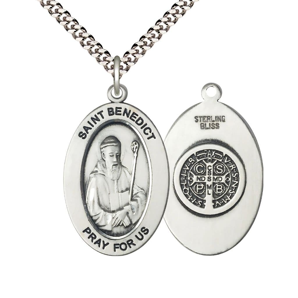 Bliss St. Benedict Sterling Silver Oval Necklace with 24 inch Rhodium-Plated Chain, Medal Measures 1-inch tall by 5/8-inch wide.