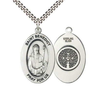 St. Benedict Sterling Silver Oval Necklace with 24 inch Rhodium-Plated Chain, Medal Measures 1-inch tall by 5/8-inch wide, Bliss Manufacturing