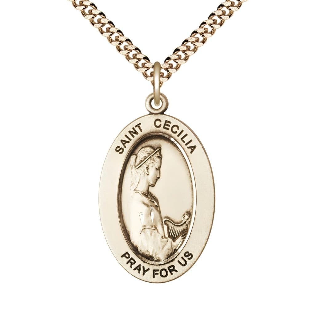 Bliss St. Cecilia 14kt Gold-filled Oval Necklace with 24 inch Gold-Plated Chain, Medal Measures 1-inch tall by 5/8-inch wide.