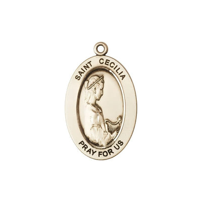 St. Cecilia 14kt Gold Oval Pendant, Medal Measures 1-inch tall by 5/8-inch wide, Bliss Manufacturing