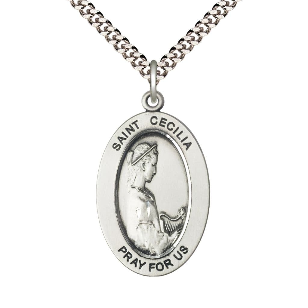 Bliss St. Cecilia Sterling Silver Oval Necklace with 24 inch Rhodium-Plated Chain, Medal Measures 1-inch tall by 5/8-inch wide.