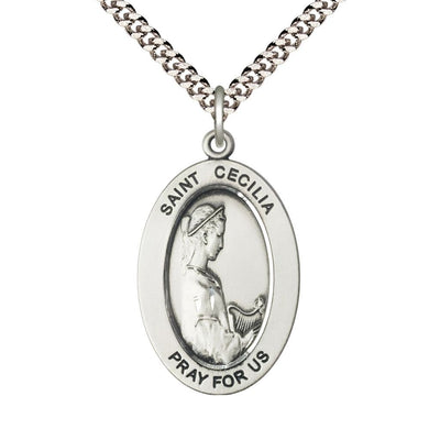 St. Cecilia Sterling Silver Oval Necklace with 24 inch Rhodium-Plated Chain, Medal Measures 1-inch tall by 5/8-inch wide, Bliss Manufacturing