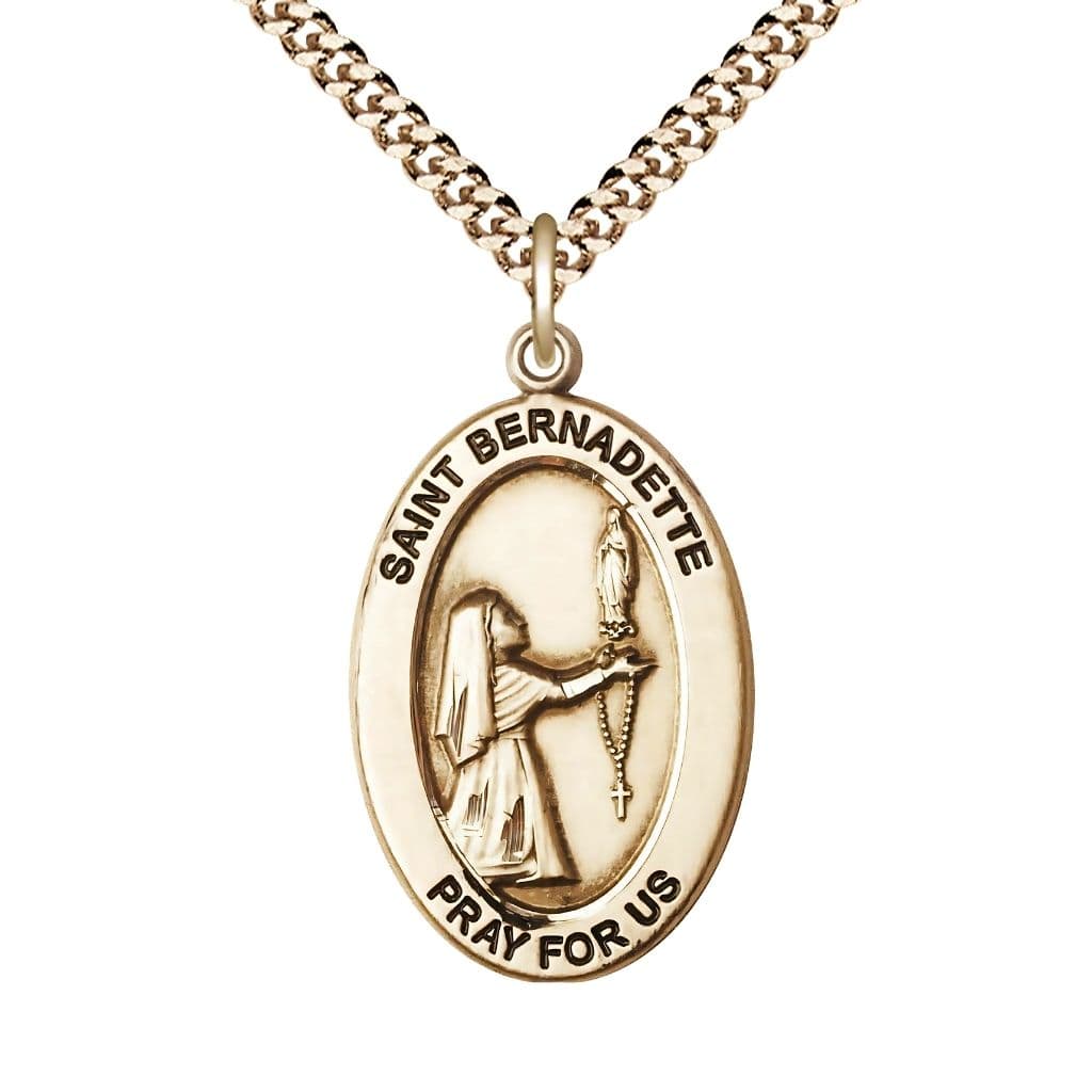 Bliss St. Bernadette 14kt Gold-filled Oval Necklace with 24 inch Gold-Plated Chain, Medal Measures 1-inch tall by 5/8-inch wide.