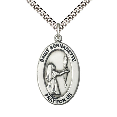 St. Bernadette Pewter Oval Necklace with 24 inch Rhodium-Plated Chain, Medal Measures 1-inch tall by 5/8-inch wide, Bliss Manufacturing