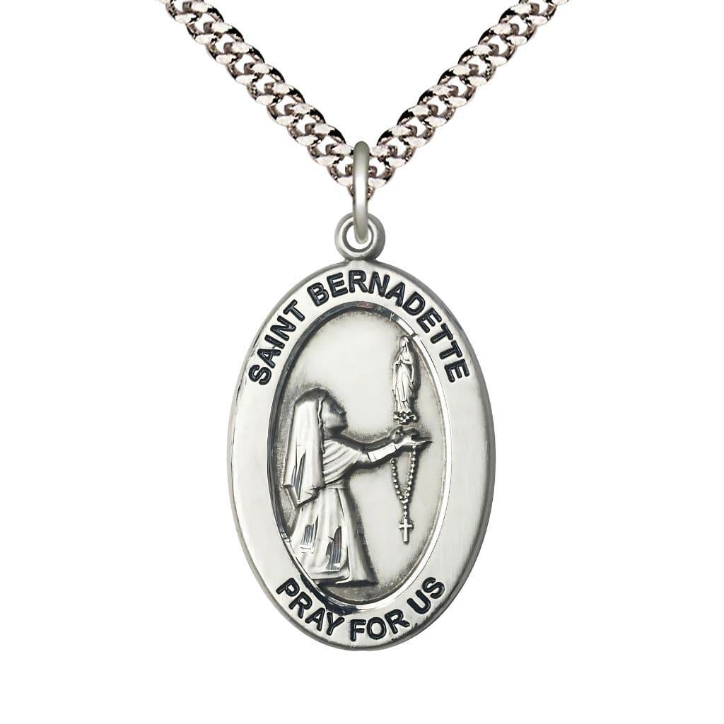 Bliss St. Bernadette Sterling Silver Oval Necklace with 24 inch Rhodium-Plated Chain, Medal Measures 1-inch tall by 5/8-inch wide.