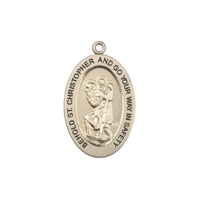 St. Christopher 14kt Gold Oval Pendant, Medal Measures 1-inch tall by 5/8-inch wide, Bliss Manufacturing