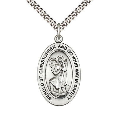 St. Christopher Pewter Oval Necklace with 24 inch Rhodium-Plated Chain, Medal Measures 1-inch tall by 5/8-inch wide, Bliss Manufacturing