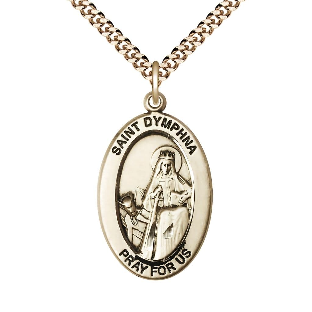 Bliss St. Dymphna 14kt Gold-filled Oval Necklace with 24 inch Gold-Plated Chain, Medal Measures 1-inch tall by 5/8-inch wide.