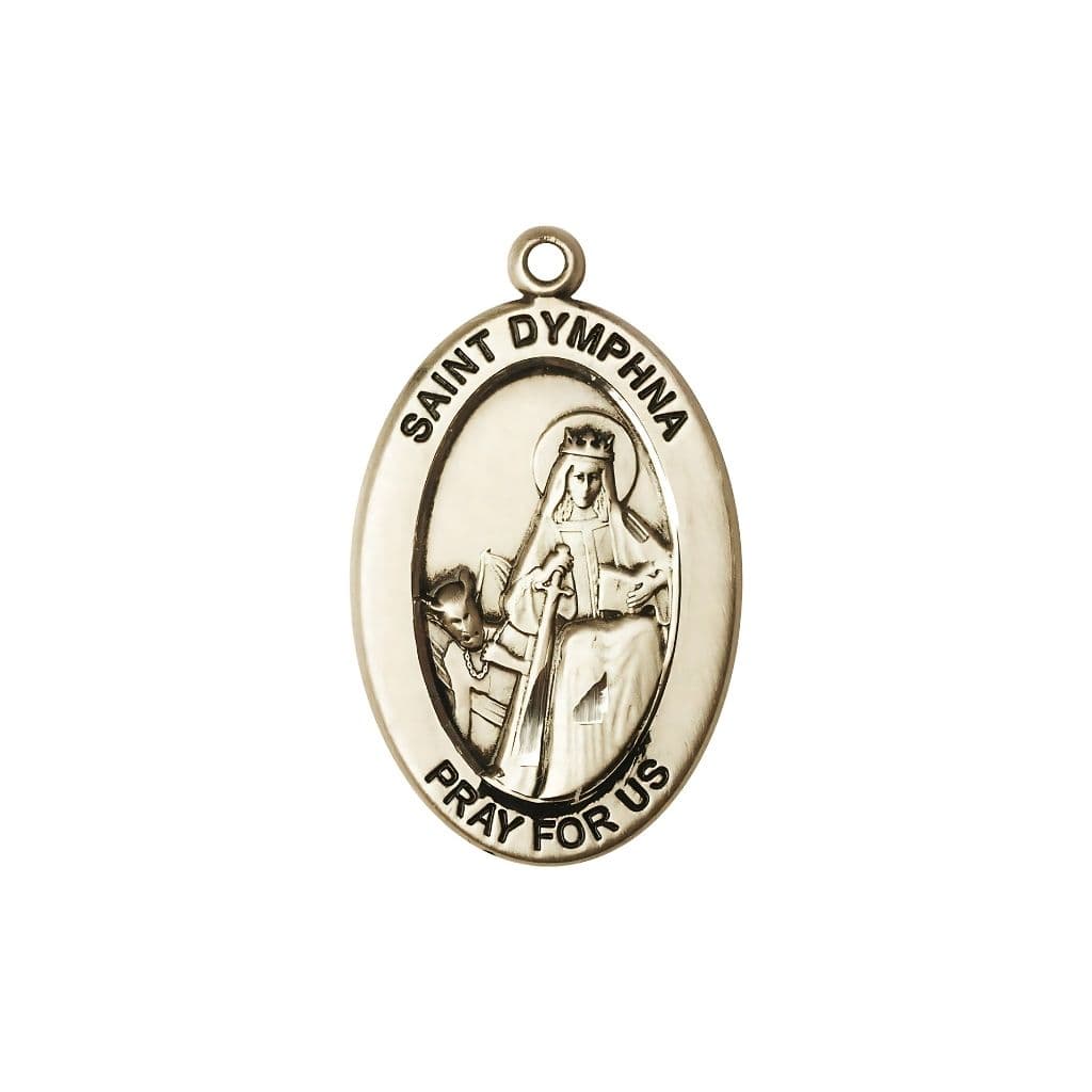 Bliss St. Dymphna 14kt Gold Oval Pendant, Medal Measures 1-inch tall by 5/8-inch wide.