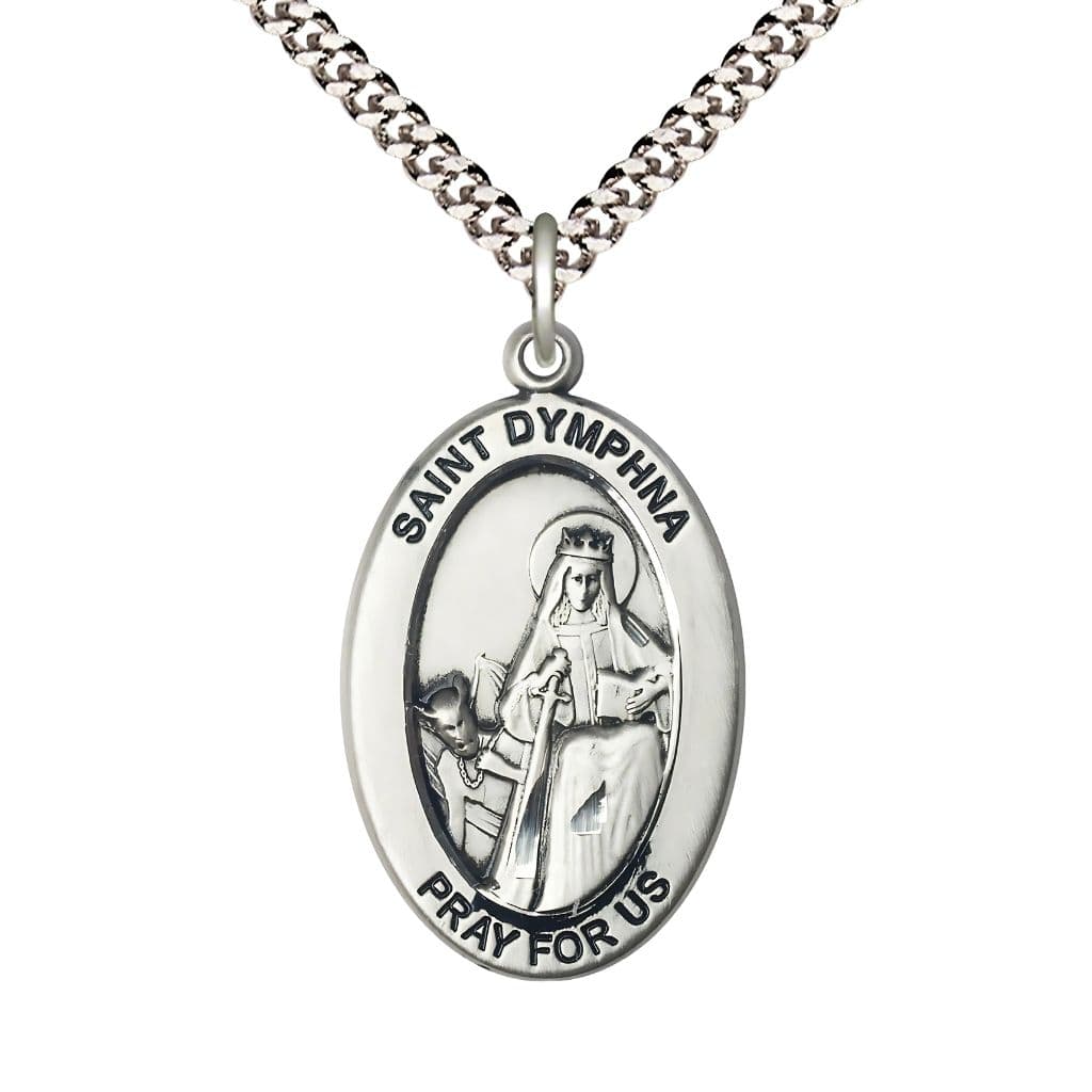 Bliss St. Dymphna Sterling Silver Oval Necklace with 24 inch Rhodium-Plated Chain, Medal Measures 1-inch tall by 5/8-inch wide.
