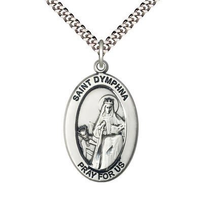 St. Dymphna Sterling Silver Oval Necklace with 24 inch Rhodium-Plated Chain, Medal Measures 1-inch tall by 5/8-inch wide, Bliss Manufacturing