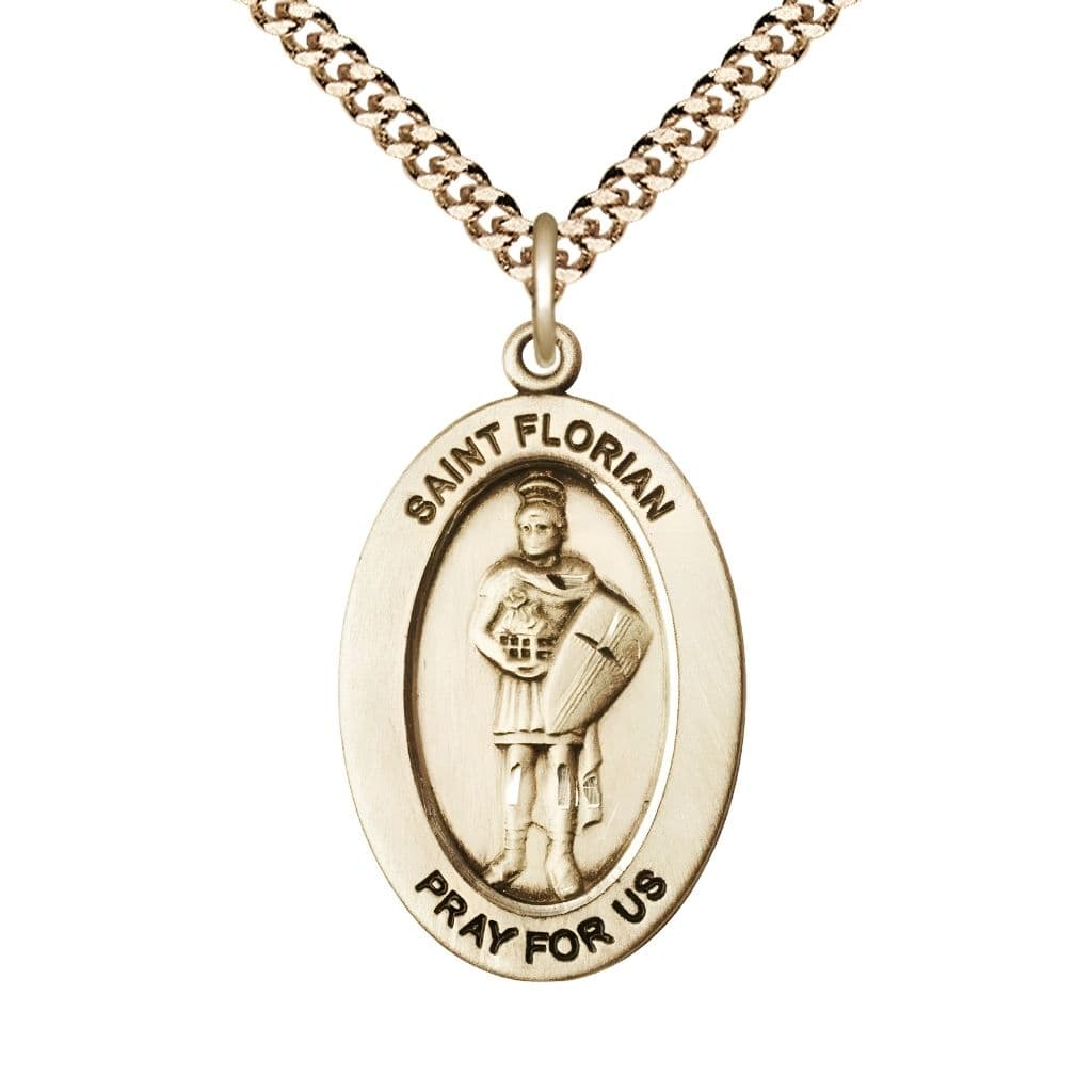 Bliss St. Florian 14kt Gold-filled Oval Necklace with 24 inch Gold-Plated Chain, Medal Measures 1-inch tall by 5/8-inch wide.